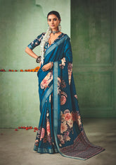 Regal Blue Tussar Silk Floral Print Saree-4466